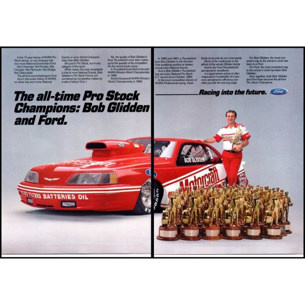 1987 Ford Thunderbird NHRA Race Car Vintage Print Ad Bob Glidden 80s Wall Art